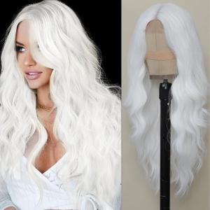 White Wig for Women, Long White Wavy Wig Middle Part 26 Inch Heat Resistant Synthetic Wigs for Daily Party Use