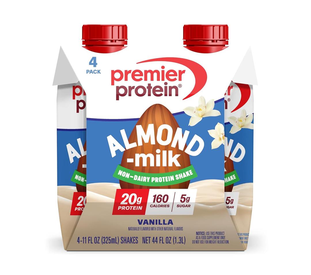 Premier Protein Non-Dairy Almondmilk Protein Shake, 20g, Vanilla, 4 Pack | Plant-Based Protein, 160 Calories, 5g Sugar, Supports Muscle Health, Gluten-Free, 11 oz (EXP 02/18/27)