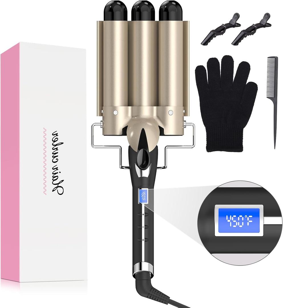 Hair Waver 1 1/4 Inch Crimper for Large Loose Waves, AIMERVO 3 Barrel Curling Iron 1.25", 15 Heat Settings 170-450F for All Hair Types, Ceramic Jumbo Curling Wand, Dual Voltage, for Mid to Long Hair