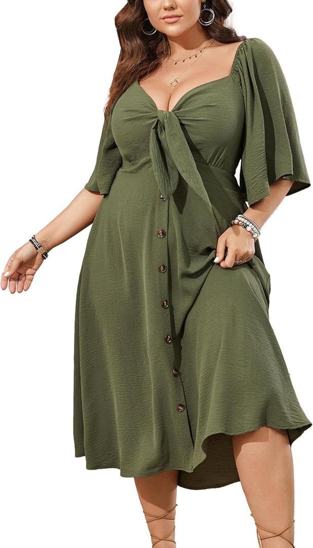 SCOMCHIC Plus Size Summer Dress Casual Short Sleeve Bow Tie Deep V Neck Smocked Button Down Midi Flowy A-line Boho Dresses (Green) 2XL