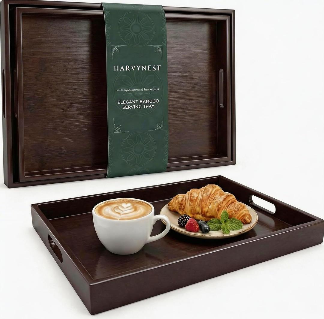 Dark Brown Bamboo Serving Tray Set of 2 with Handles, Nesting Wooden Trays for Serving Food & Drinks, Rectangular Coffee Table Ottoman Tray for Living Room Decor, Large 16.9 & Small 15.6