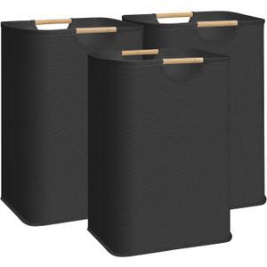  3-Pack Large Laundry Hamper, 80L (21.1 Gal) Collapsible Laundry Basket with Bamboo Handles, Freestanding Waterproof Clothes Hamper for Laundry Room, Bedroom, Dorm, Towels, Toys, Black