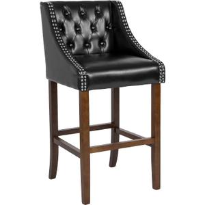 Flash Furniture Carmel Series 30" High Transitional Tufted Walnut Barstool with Accent Nail Trim in Black LeatherSoft (1 Pack)