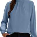 Funlingo Women's Long Sleeve Tops Dressy Casual Mock Neck Work Blouse Fall Trendy Front Pleated Tunic Chiffon Shirts (XXL)