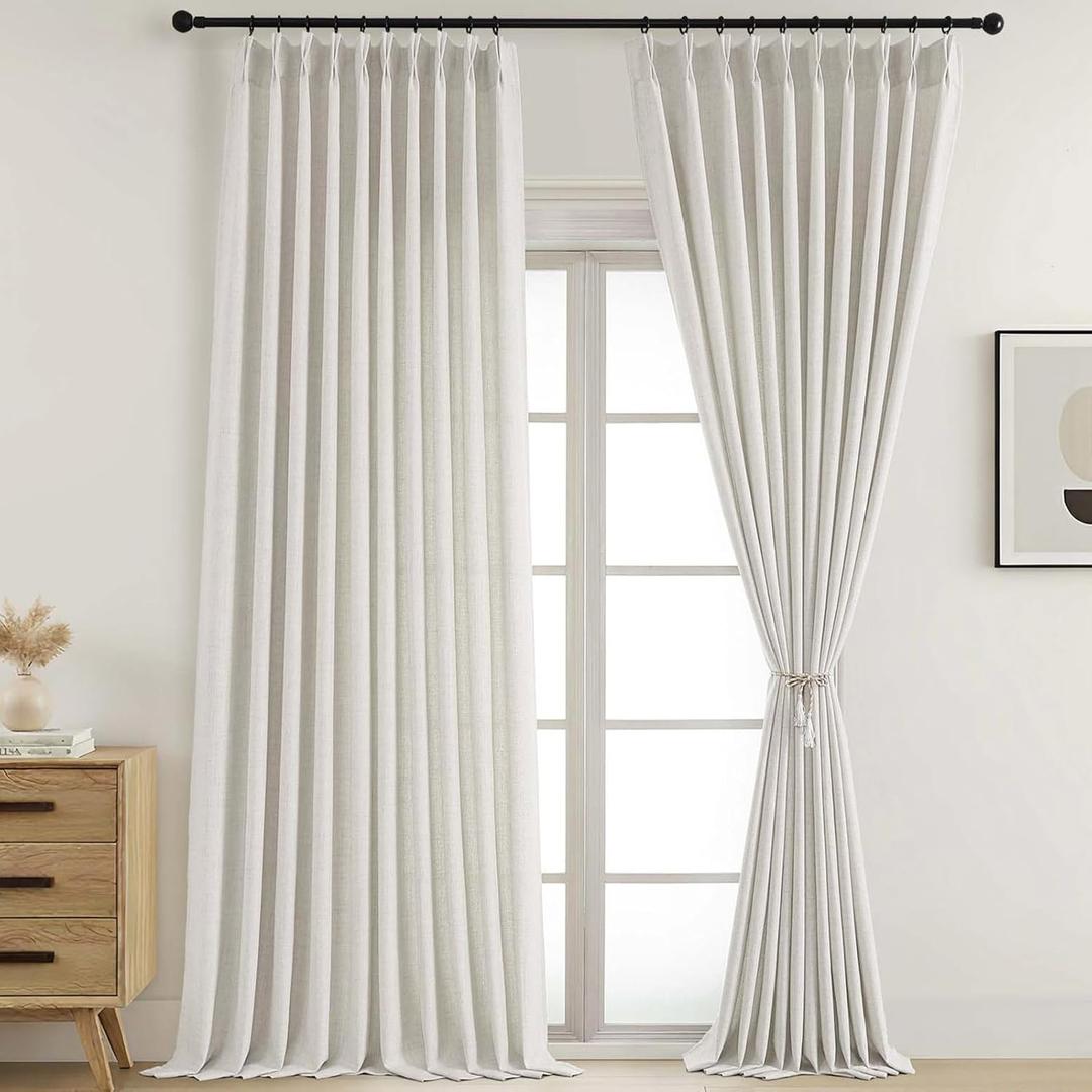 Extra Wide Natural Pinch Pleated Curtains 96 Inches Long 2 Panels, Light Filtering Faux Linen Curtains for Large Windows, 60 Inch Width Farmhouse Drapes for Living Room, 2x60Wx96L Inches