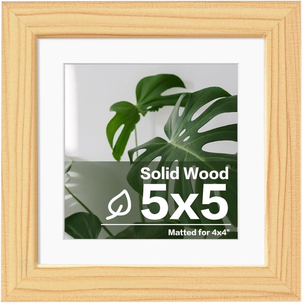 Egofine 5x5 Picture Frames Made of Solid Wood Covered by Plexiglass Display 4x4 with Mat or 5x5 without Mat, for Table Top Display and Wall Mounting Photo Frame, Natural Wood