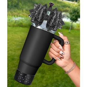 Toykee Bow Straw Topper with Cup Bootfor Stanley 40 30 oz - Bling Glitter Black Bow and Diamond Cover Caps with Bottom Protector 3 PCS Sets for Tumbler Accessories