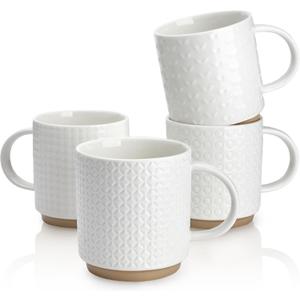 Sweese Stackable Coffee Mugs Set of 4, 10 oz Porcelain Coffee Cups with Embossed Design, White Cappuccino Cups for Coffee, Latte