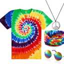 Norme 4 Pcs Kids Adult Hippie Costume Set Tie Dye T Shirt Peace Necklace Headband and Sunglasses for Boys Girls Men Women, XL