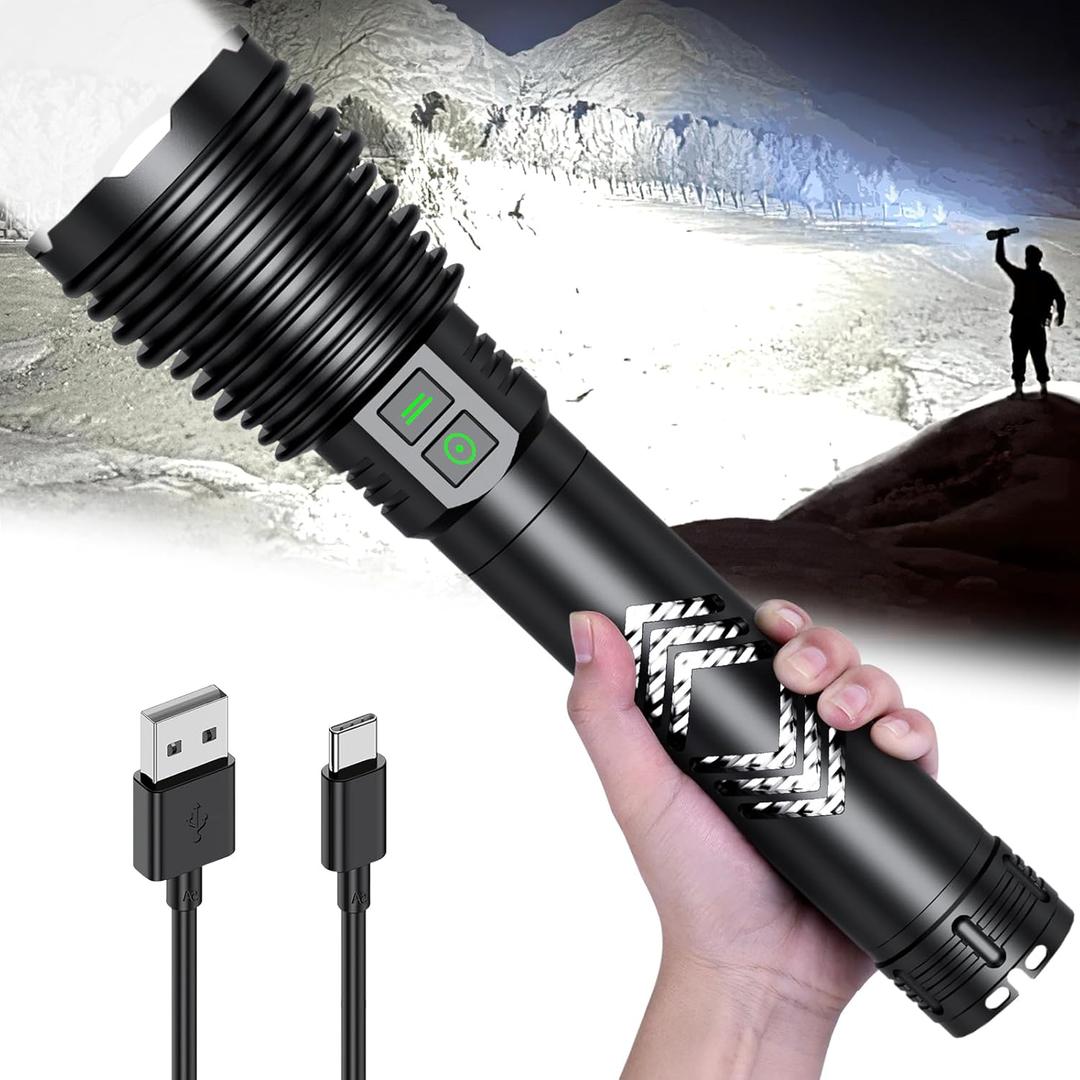 Rechargeable Flashlights 600,000 High Lumens, Super Bright LED Flashlight with Long Handle, Large Capacity Battery, Zoomable & 6 Modes, Waterproof Handheld Flashlight for Camping Emergencies Home