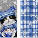 Hello Winter Tuxedo Cat Kitchen Dish Towels Set of 2, Snowflake Drying Hand Towel Baking Cooking Cloth Pet Owner Lover Gift, Blue Buffalo Plaid Christmas Bathroom Home Decoration 18'' x 26''