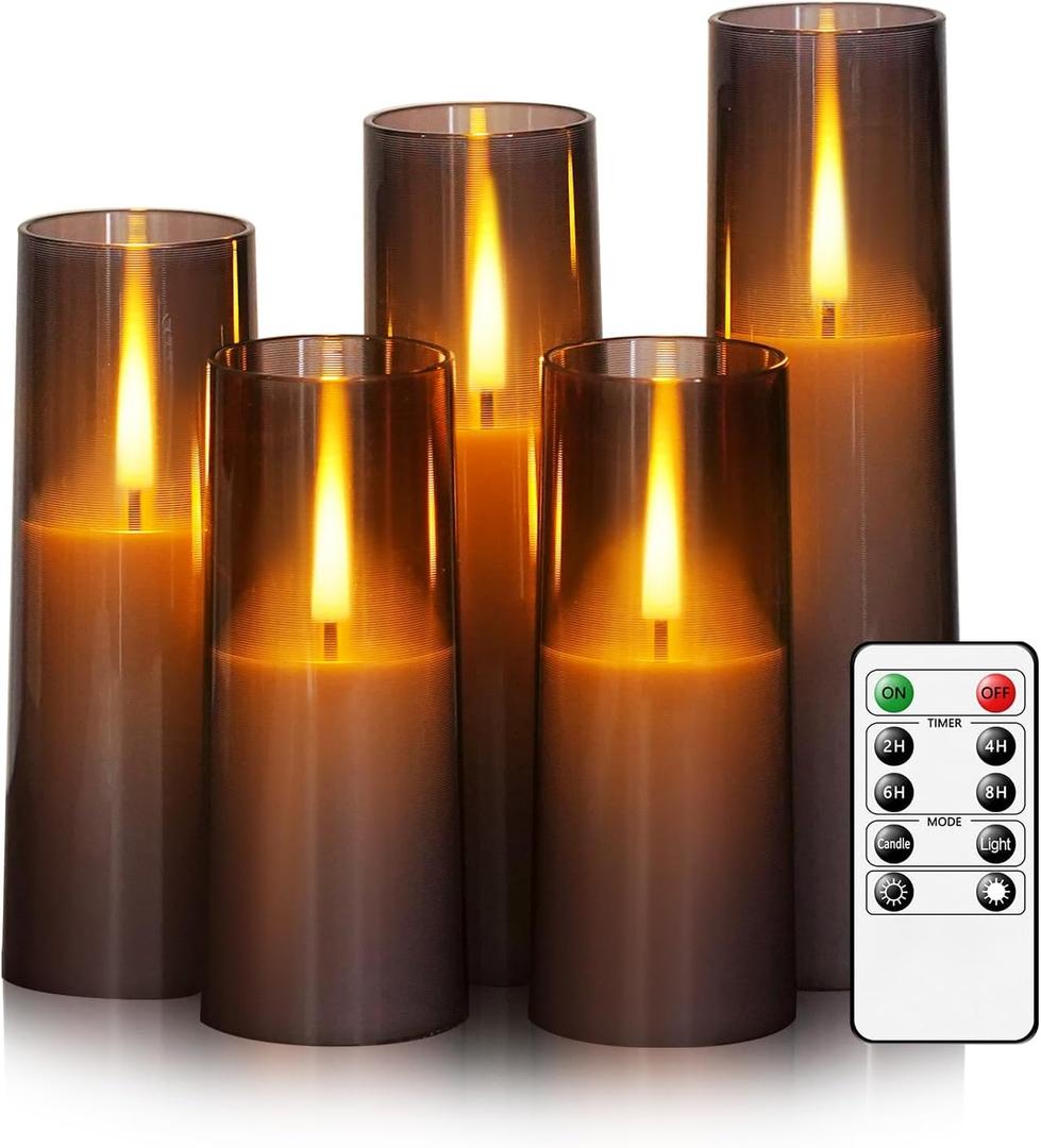 Flameless LED Candles, Battery Operated Upgraded Realistic 5 Pcs Flickering Flame Pillar Candles with Remote Timer, for Romantic Ambiance and Home Decoration (Grey)  