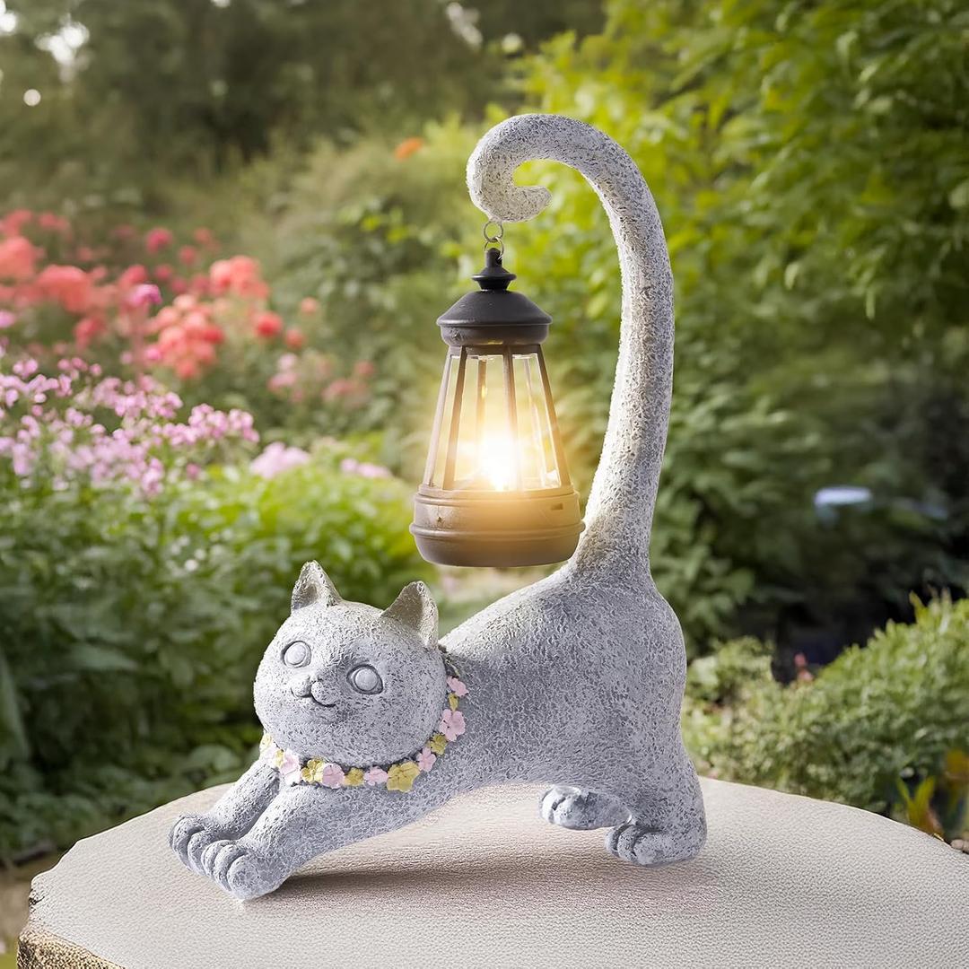 RM ROOMERS Cat Garden Statue with Lantern  Solar Cat Light Outdoor Figurine for Yard Patio Porch  Gifts for Women Gardeners  House Decorations, Birthday & Mothers Day Garden Gifts