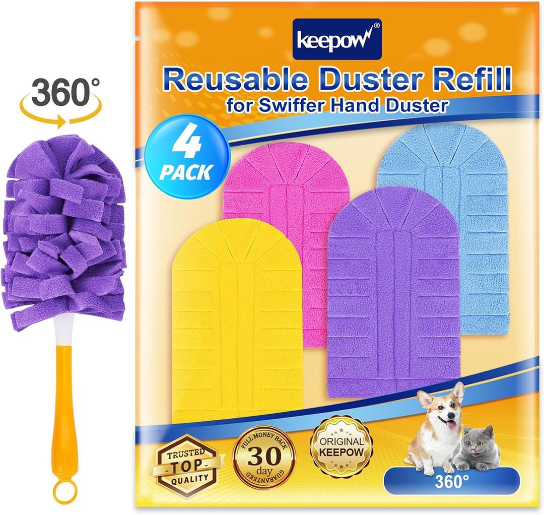 KEEPOW Reusable Duster Refill Compatible with Swiffer Hand Duster, Heavy Duty Duster Refills, 360 Degree Dusters Refills for Cleaning, Fleece Refill Ceiling Fan, 4 Pack (Handle is Not Included) (1yellow+1blue+1purple+1rose Red)
