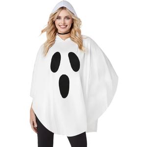 Women White Ghost Costume Hooded Cape, Adult Christmas Poncho Cloak, Simple Fun Spooky Party Outfit, Soft Comfortable Fabric, One Size (XXL)
