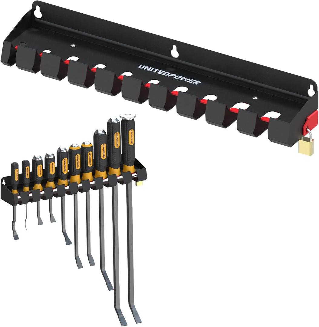 UNITEDPOWER Pry Bar Holder, Lockable Wall Mount Storage Rack Organizer for Workshop, Shed, Garage, Home, Stores up to 10 13 Tools or Extensions