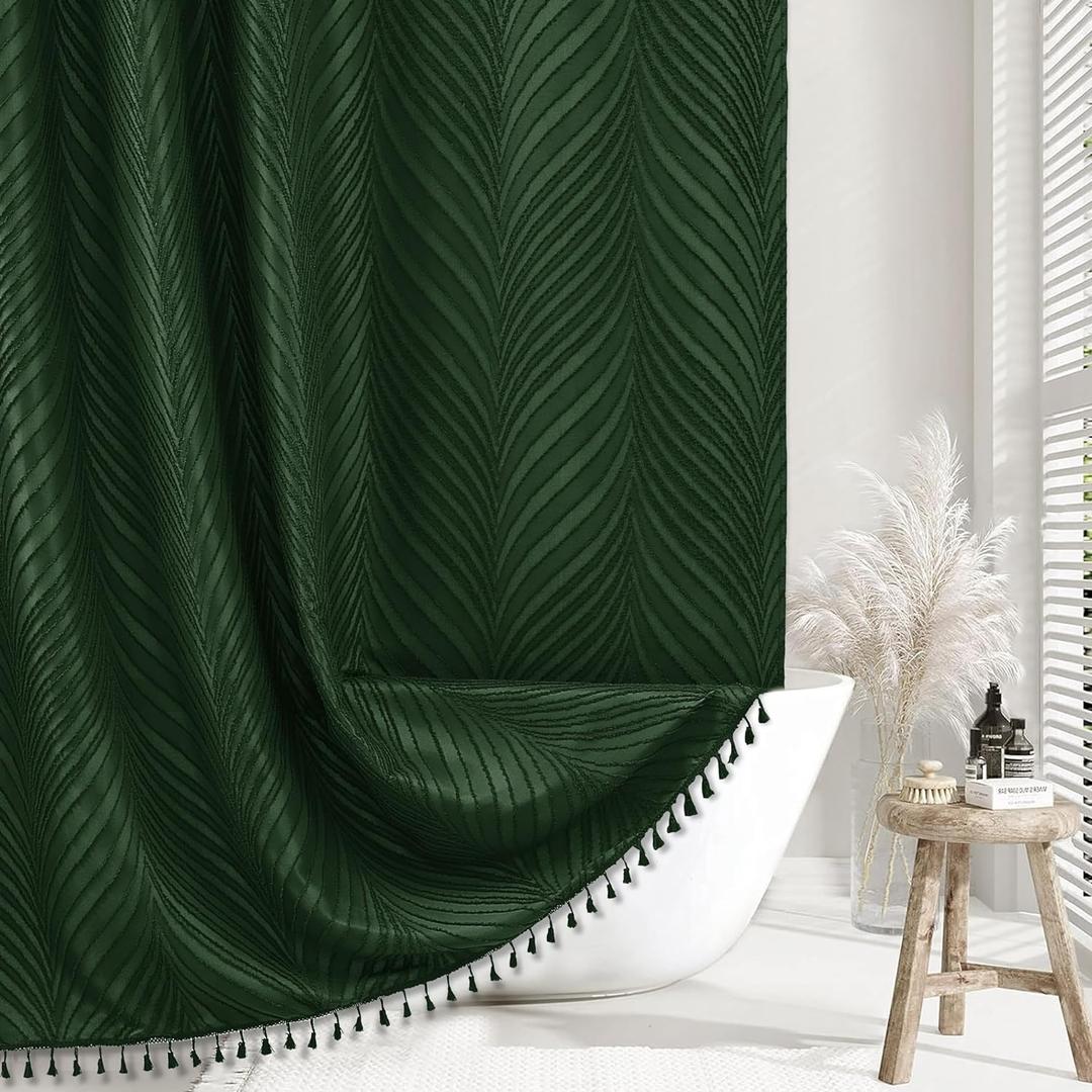 Dark Green Boho Shower Curtain Green Shower Curtain for Bathroom Fabric Tufted Chervon Textured Shower Curtains Elegant Cloth Shower Curtains Cute, 72" x72"