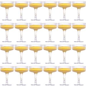 24 Pcs Plastic Champagne Glasses 7 oz Champagne Tower Ribbed Martini Glasses Disposable Wine Cups Stackable Stemmed Cups for Wedding Birthday Party Bar (Clear)