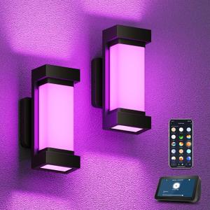XMCOSY+ Outdoor Wall Lights, 2100LM Smart LED Porch Lights Outdoor, RGBCW Exterior Lighting Sconce, Wi-Fi Control, Compatible with Alexa, IP65 Waterproof, 2 Pack (Black)
