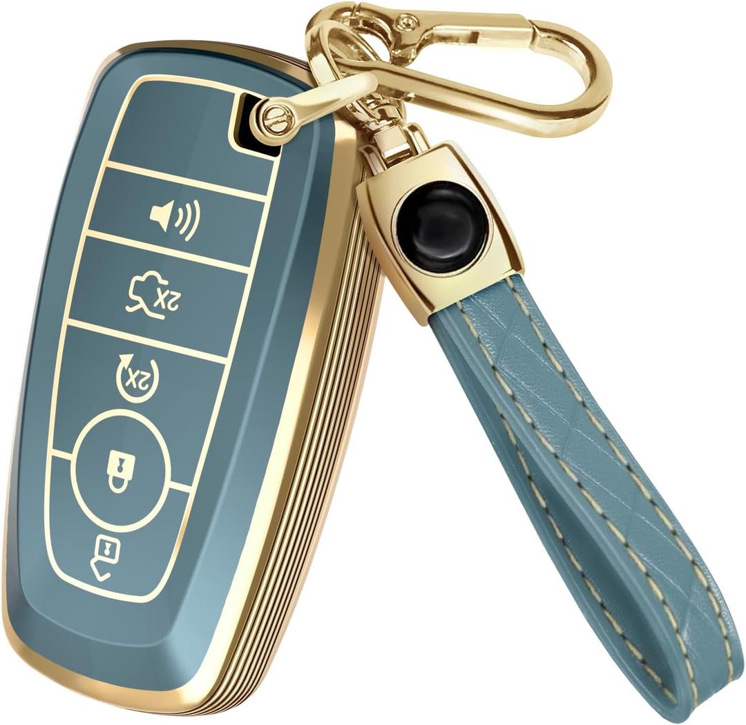 Lucrum Compatible with Ford Key Fob Cover & Leather Keychain, Keyfob Case for Bronco Explorer Edge Escape Expedition Fusion (Blue)
