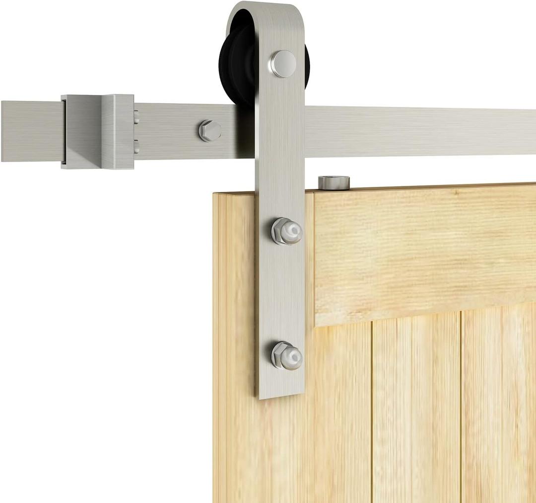 JUBEST 6.6FT Brushed Nickel Sliding Barn Door Hardware Kit Smoothly and Quietly J Shape Hanger Roller Flat Track Kit,Heavy Duty Nickle Barn Door Track,Easy to Install