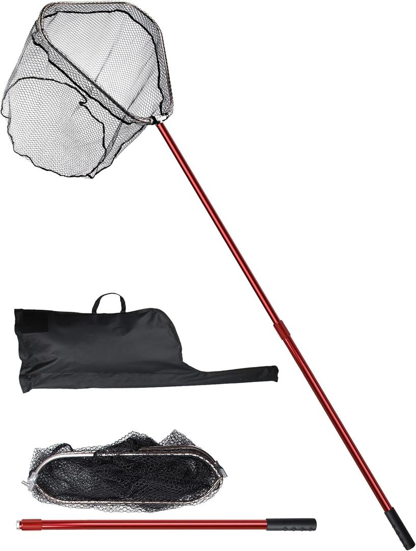 Avlcoaky Large Saltwater Rubber Fishing Net with Telescoping Handle & Carrying Bag Large Fish Net for Kayak Boat Fishing Landing Net with Handle Big Fish Nets Extend to 61-94in, Net Depth 24in (Red)
