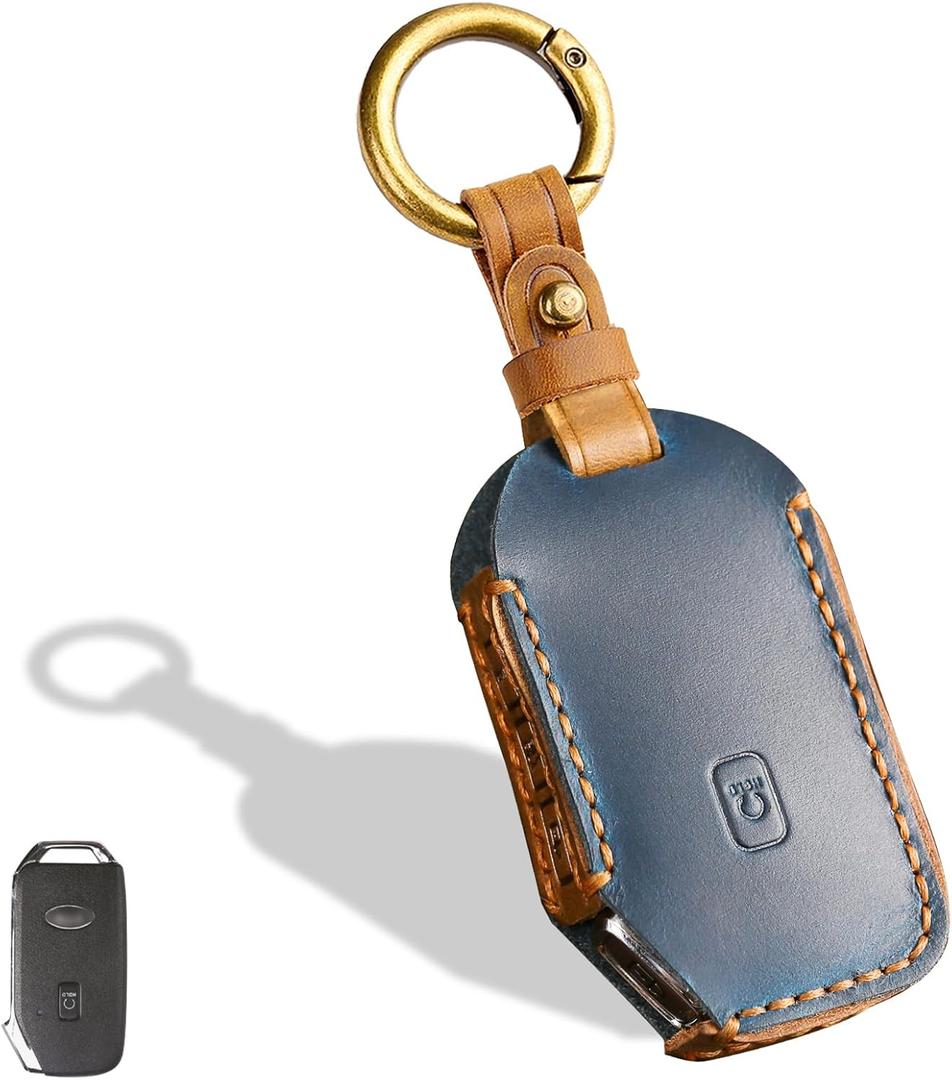 5-Button Leather Key Fob Cover, Compatible with Kia Cerato Ceed Forte NIRO Sorento Seltos Sportage Soul Telluride Keyless Entry Remote Smart Key, No Screw Design Retro Key Protector(Blue)