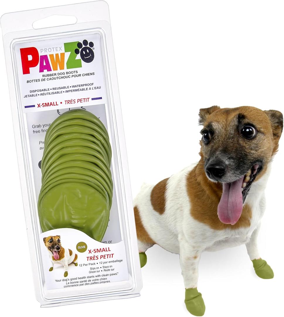 PawZ Rubber Dog Boots for Small Paws - All-Weather Waterproof Dog Shoes, Anti-Slip Traction for Rain, Snow, Mud & Hot Pavement - Pull-On Dog Booties, Olive Green - X-Small (1.5"-2") - Pack of 12