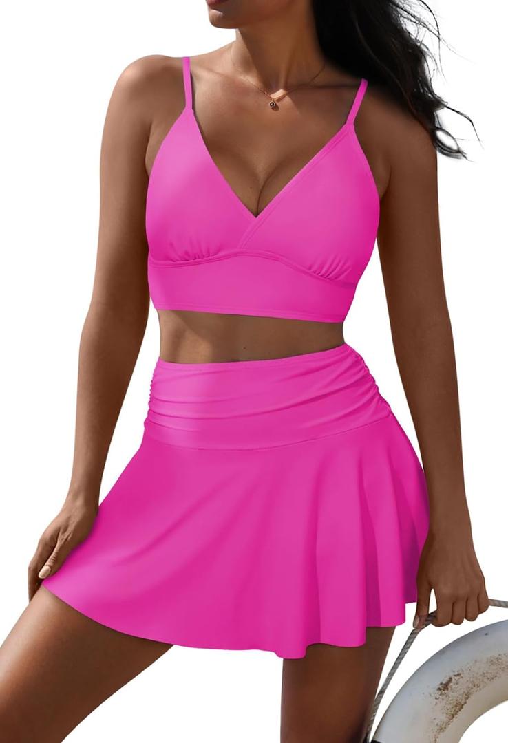 Pink Queen Women's High Waisted Bikini Set Two Piece Swimsuit V Neck Spaghetti Straps Swim Skirt Bathing Suit (Medium)