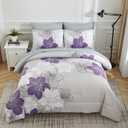 Purple Comforter Set Queen Size, Purple Floral Pattern Printed on Light Grey, Soft Microfiber 7 Pieces Bed in a Bag (1 Comforter, 2 Pillow Shams, 1 Flat Sheet, 1 Fitted Sheet, 2 Pillowcases)