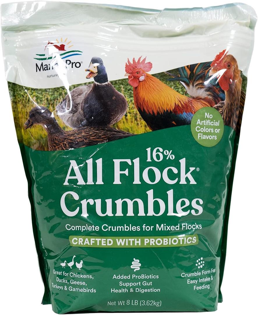 Manna Pro All Flock Crumbles, Crafted with Probiotics for Gut Health & Digestion, 16% Protein for Mixed Flocks with No Artificial Colors or Flavors, Crumbled for Easy Feeding, 8 lbs (EXP 02/02/26)