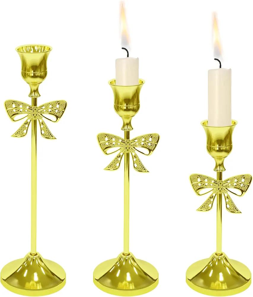 3 Pcs Christmas Bow Taper Candle Holders Vintage Metal Candle Stick for Pillar Candles, Halloween & Christmas Table Decor, Gothic Centerpiece for Dining Table, Housewarming Gifts(6.3/7.9/9 Inches)