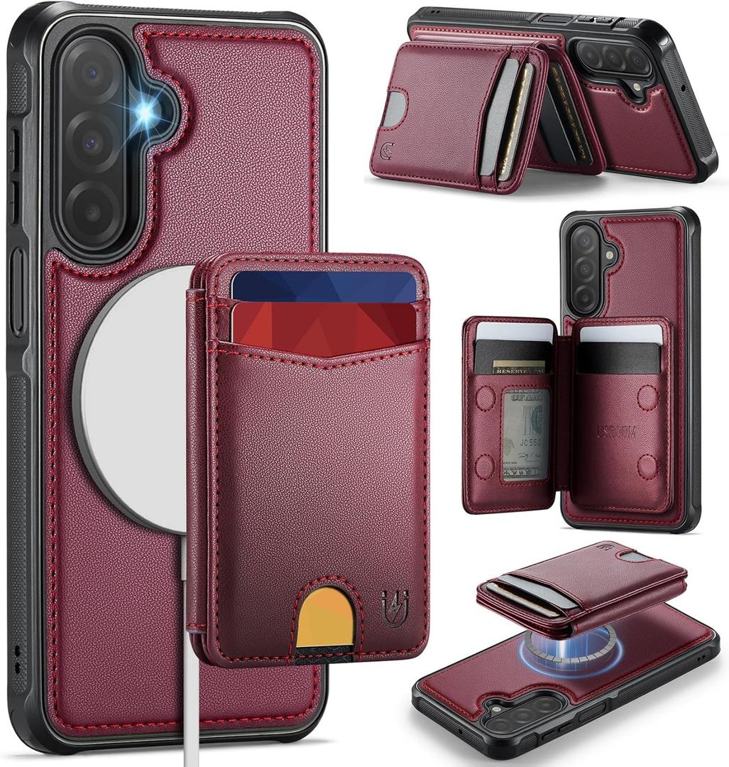 for Samsung Galaxy A17 Case Wallet Compatible with Magsafe, RFID Blocking Magnetic Card Holder 2 in 1 Detachable Kickstand Shockproof Phone Case for Galaxy A17 6.7" WineRed