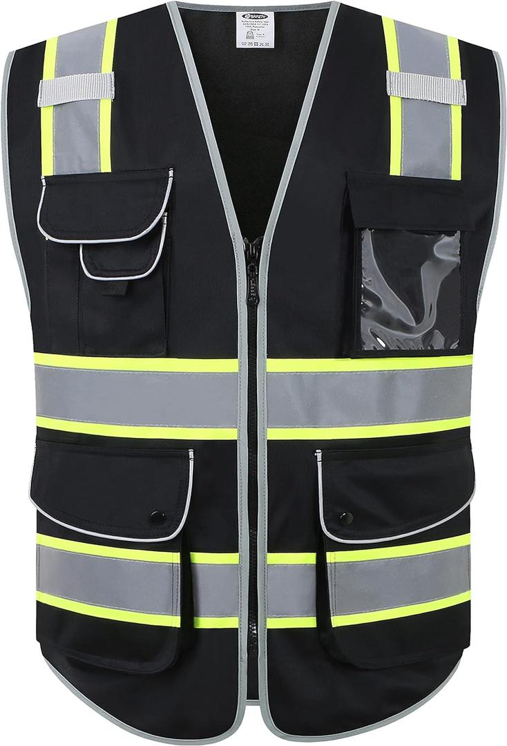 JKSafety 9 Pockets Hi-Vis Black Color Zipper Front Safety Vest Fluorescent Yellow Strips outlining the Reflective Tapes ANSI/ISEA Class 1 (901-Black, Medium)