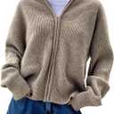 SOLY HUX Zip Up Cardigan for Women Hooded Cardigan Sweater Knitted Drop Shoulder Fall Clothes Winter Hoodies Outerwear (Large, Plain Khaki)