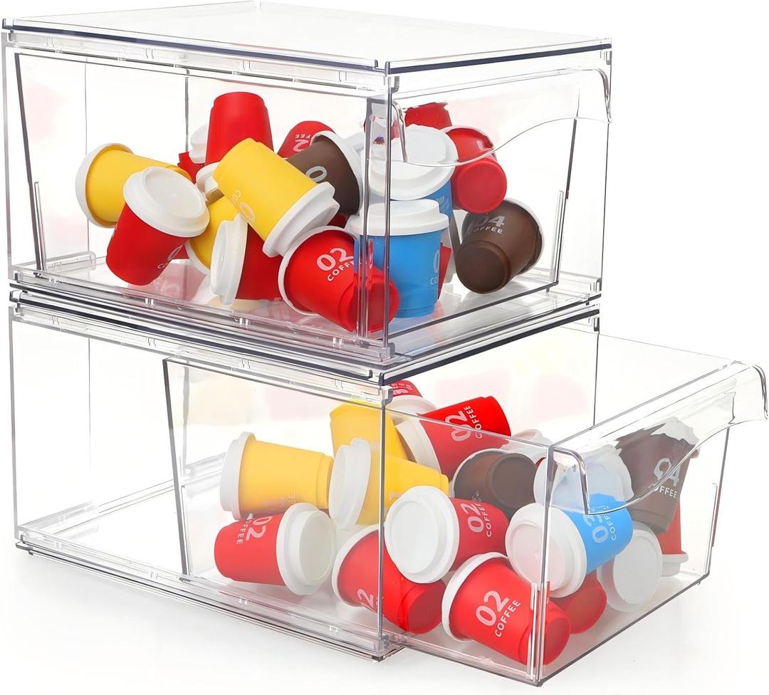 2 PACK Stackable Coffee Pod Drawers, Acrylic Clear Storage Drawers for K-Cup Organizer for Home and Office