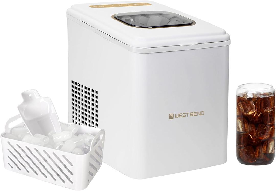 West Bend Timeless Ice Maker Mighty Ice Countertop Design Makes 26 Pounds of Bullet-Shaped Ice Cubes in 24 Hours, Digital Touch Controls and Self Cleaning Function, Includes Scoop, White/Gold