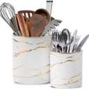 7"+5.3" Marble Utensil Holder, Large Kitchen Utensil Holder Organizer , Golden Marble White Stable Utensil Crock Spatula Holder for Kitchen Counter Countertop Farmhouse Cooking Tools Holder