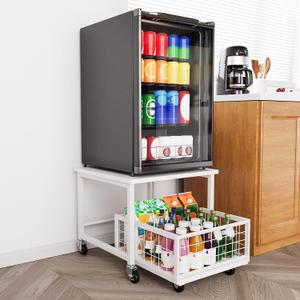 SpaceAid Mini Fridge Stand with Storage, 19.7" W x 19.7" D Heavy Duty Mobile Refrigerator Shelf Stand Table with Wheels, Fridge Cart Organizer with Drawer Basket for Home Dorm Office (White), 2 Tiers