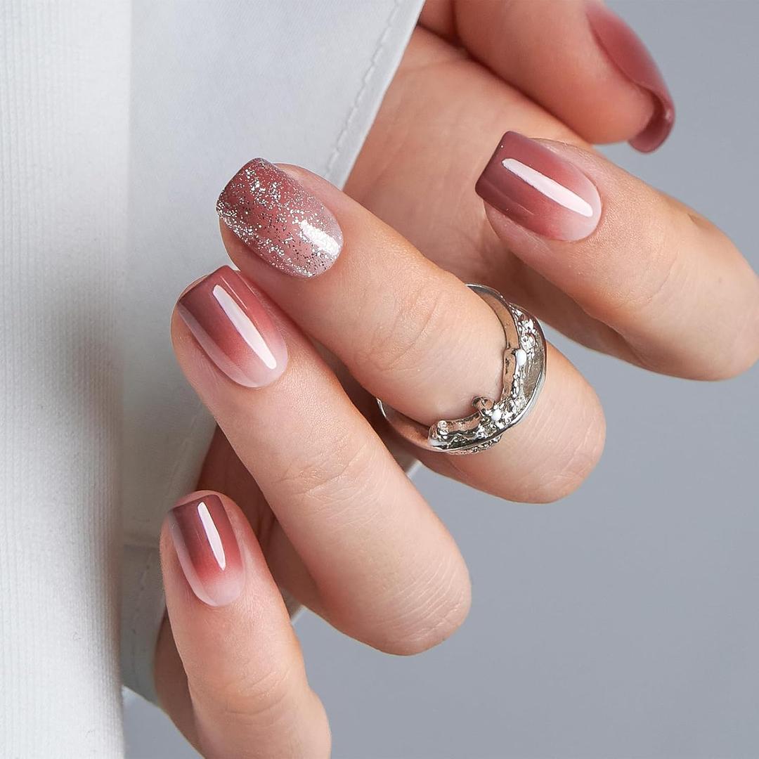 Curvlife Soft Gel Press on Nails Acrylic Short Square Fake Nails with Design Full Cover False Nails for Women Reusable Nail Kit (Misty Pink, 30pcs)