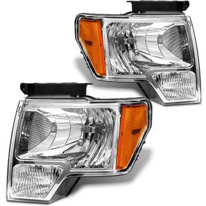 2009 2010 2011 2012 2013 2014 Ford F150 Pickup Headlight Assembly for 09-14 Ford F150 Clear Lens Chrome Housing with Amber Reflector Headlamp Replacement Left and Right PairW/O Bulbs