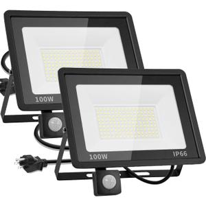 100W Motion Sensor LED Flood Light 2 Pack IP66 Waterproof Exterior Security Outdoor Flood Light with Plug Floodlights for Playground, Yard, Stadium, Lawn, Garage, Aisle, 6000K Daylight