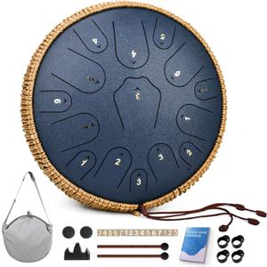 Steel Tongue Drum-QingShi 15 Notes 14 Inch Steel Drum Instrument for Adults, Steel Handpan Drums with Handpan Drum Mallet, Music Book and Carry Bag, C Major (Navy Blue)
