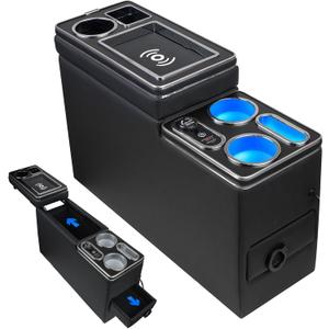 Center Console Between Seat Organizer for Minivans & SUVs - with Wireless Charging Pad, Blue LED Ambient Light, Phone Holder & Cup Holders, Middle Van Floor Console Storage Box (Black)