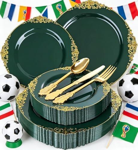 Joyido 125PCS Green Plastic Plates - Green and Gold Disposable Plates - Fancy Vintage Plate with Gold Plastic Silverware Set for 25 Guests for Party Wedding Holiday World Cup 2026