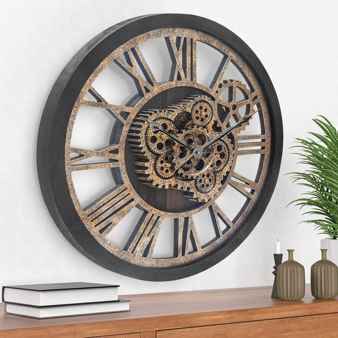 HOIBAI Large Wall Clock, Wall Clocks for Living Room Decor 20 Inch Farmhouse Vintage Rustic Kitchen Wall Decor Vintage Roman Oversized Wall Clock for Home Bedroom House Office, Moving Gears Clock (20 Inch/ 50 CM, Retro Black With Bronze Gears)