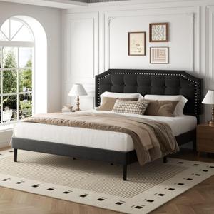 King Size Bed Frame, King Size Platform Bed Frame with Upholstered Button Tufted Headboard, Strong Wood Slats, No Box Spring Needed, Mattress Foundation, Easy Assembly Black