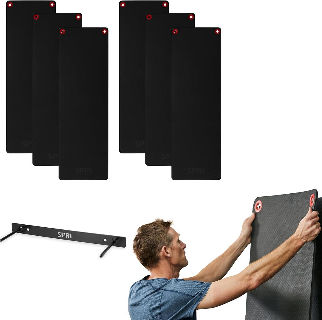 SPRI Hanging Exercise Mats for Gyms, Closed-Cell Foam Yoga & Fitness Mats with Grommets, Thick Workout Mats for Studios & Group Fitness Classes, Wall Rack Mat Holder Storage, Black