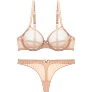 Varsbaby Women's See Through Sheer Mesh Unlined Underwire Everyday Bra and Panties(D303TS-Beige-34E+N082TS