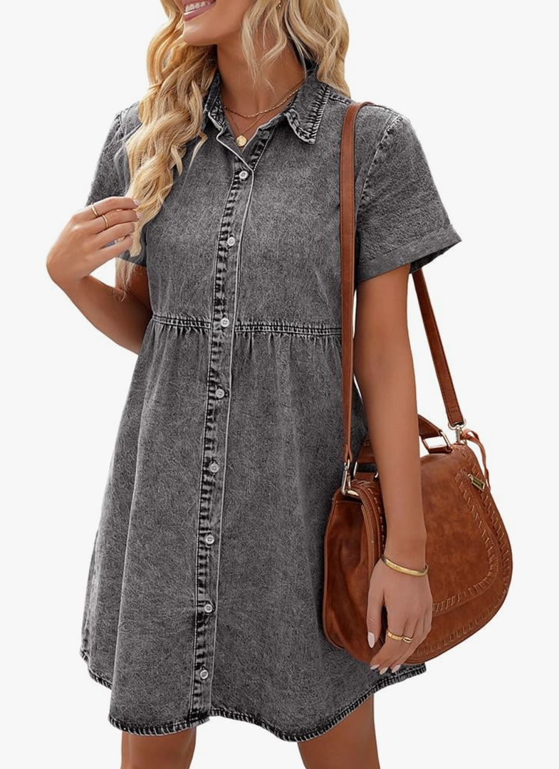 Eucsky Women's Short Sleeve Button Down Flowy Tiered Babydoll Denim Dress M Foxy Gray